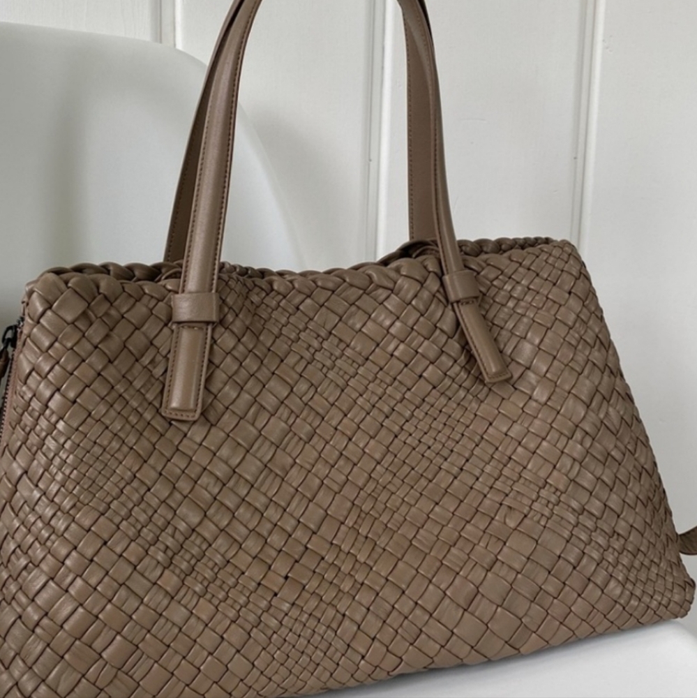 Falor woven  intreccito Leather Handbag taupe brown